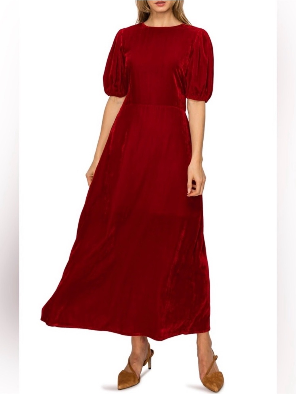 MELLODAY Red Puff-Sleeve Velvet Midi Dress